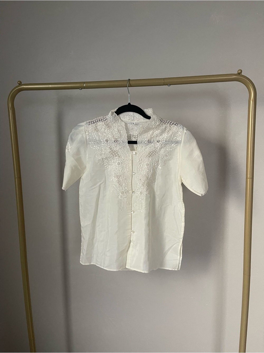 White Short-Sleeve Embroidered Button-Front Blouse